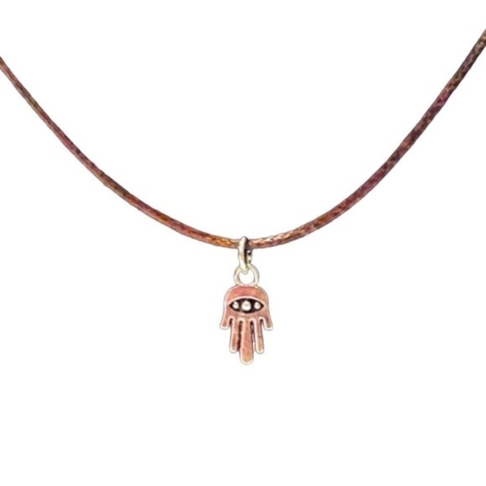 Handmade silver tone alloy‎ Hamsa charm adjustable brown leather cord necklace
